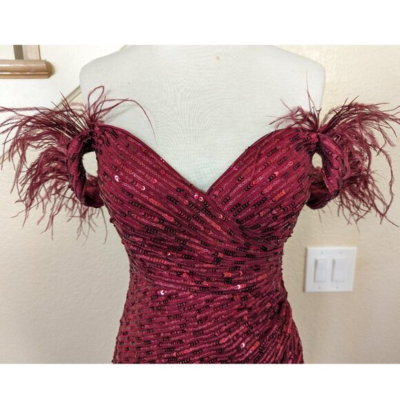 Burgundy Red Off the Shoulder Sequin & Feather Formal Prom Evening Dress - Picture 6 of 6